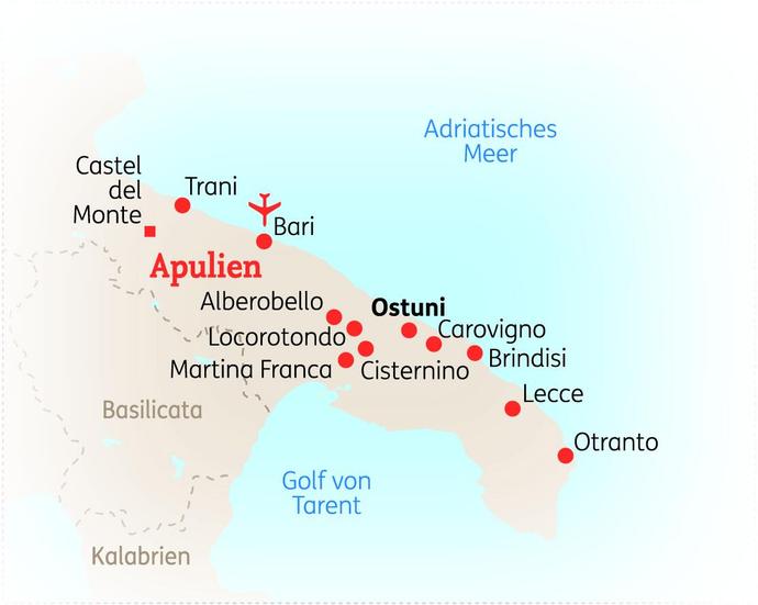 Reiseroute der 8-tägigen Apulien Reise 