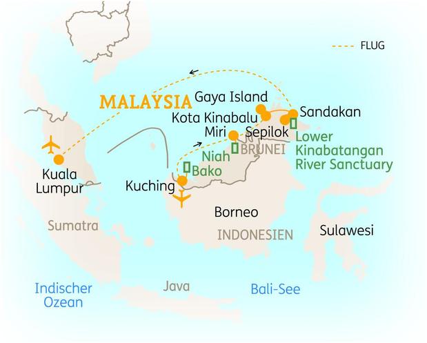 Reiseroute der 16-tägigen Malaysia Reise 