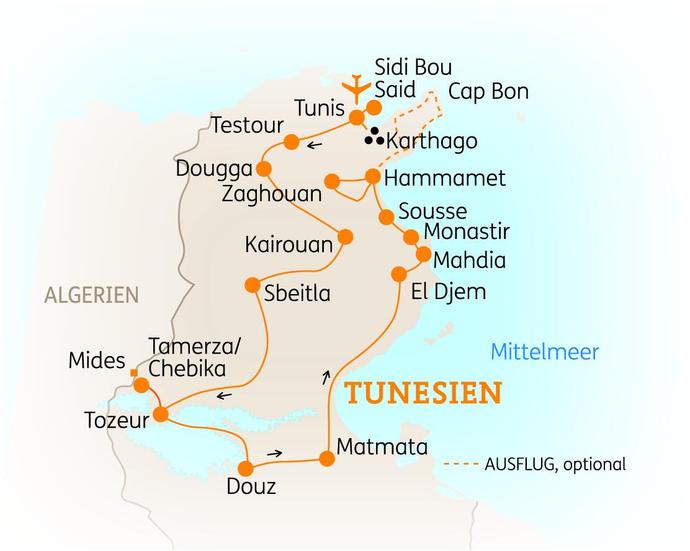 Reiseroute der 12 Tage Tunesien Reise
