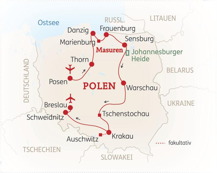 Reiseroute der 12 Tage Polen Reise