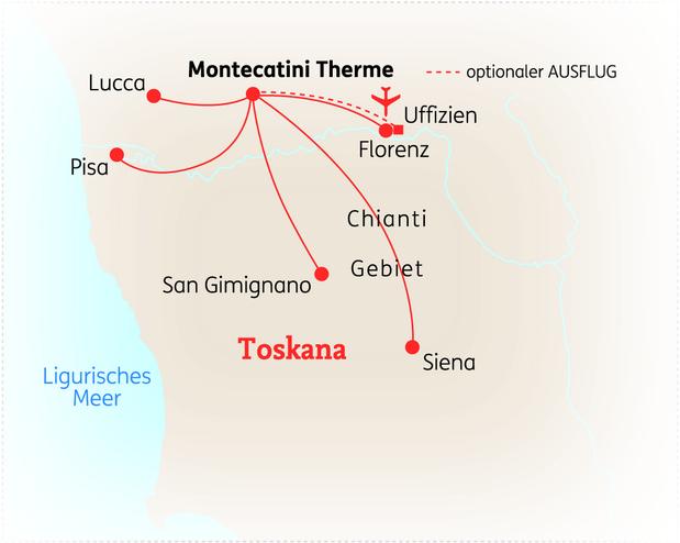 Reiseroute der 8 Tage Toskana Reise