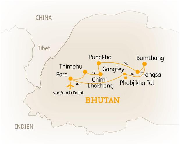 Reiseroute der 12 Tage Bhutan Reise