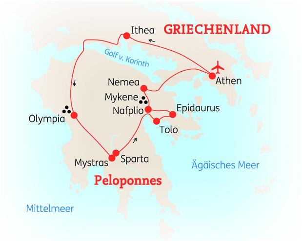 Reiseroute der 8 Tage Griechenland Reise