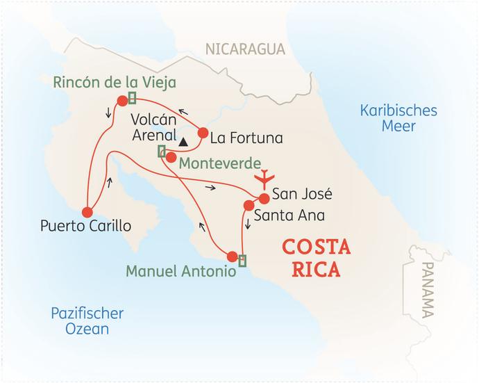 Reiseroute der 14-tägigen Costa Rica Rundreise