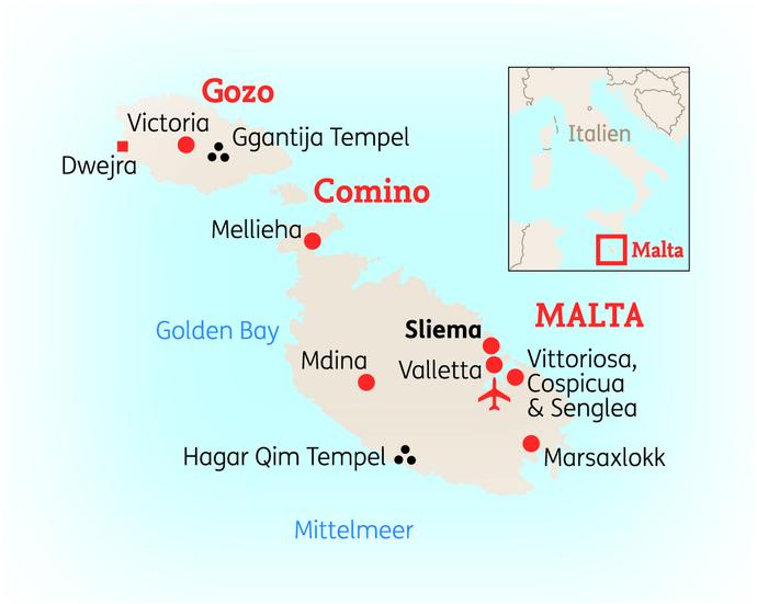 Reiseroute der 6 Tage Malta Reise