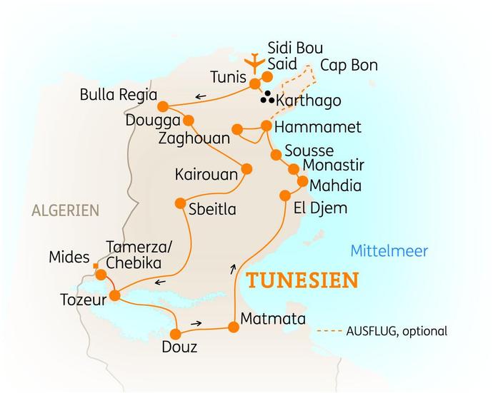Reiseroute der 12 Tage Tunesien Reise