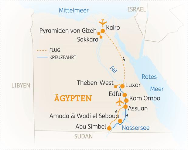 Reiseroute der 11 Tage Ägypten Reise
