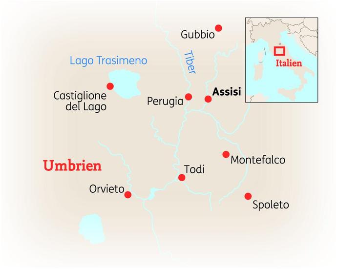 Reiseroute der 8 Tage Umbrien Reise