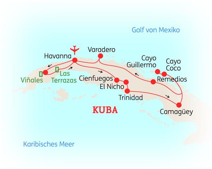 Reiseroute der 14 Tage Kuba Reise