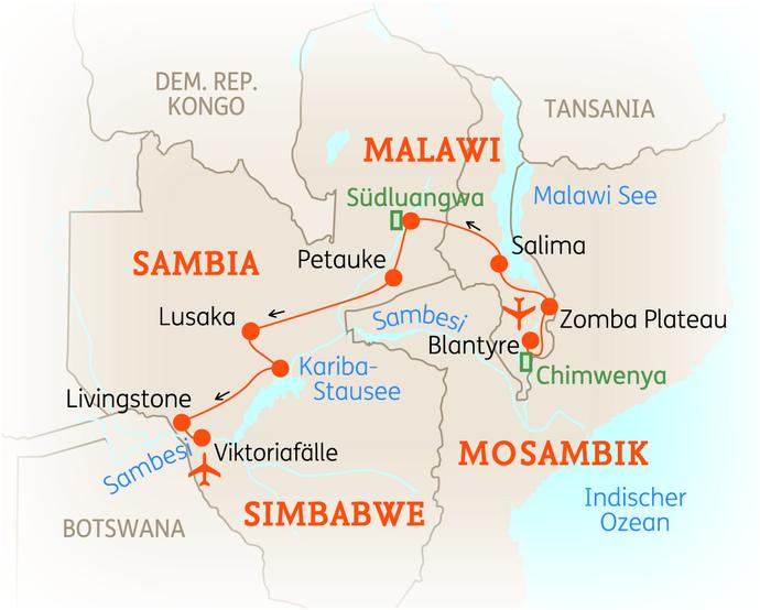 Reiseroute der 16 Tage Malawi & Sambia  Reise