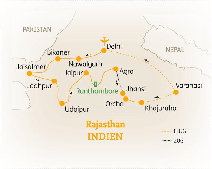 Reiseroute der 20 Tage Indien Reise