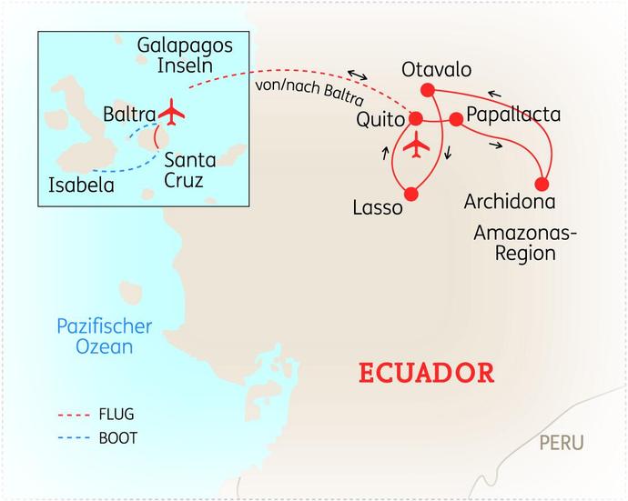 Karte der 14-tägigen Ecuador & Galapagos Rundreise