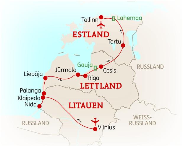 Reiseroute der 13 Tage Baltikum Reise