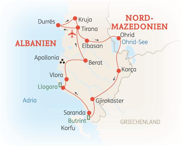 Reiseroute der 10 Tage Albanien Reise