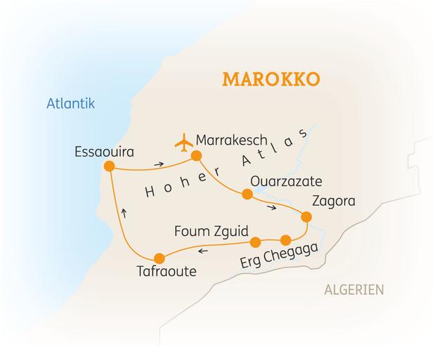 Reiseroute der 12 Tage Marokko Reise