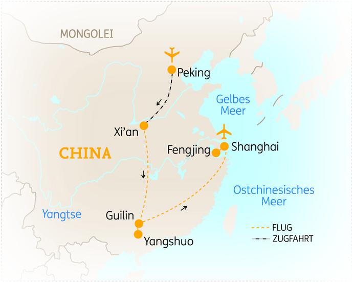Reiseroute der 12 Tage China Reise