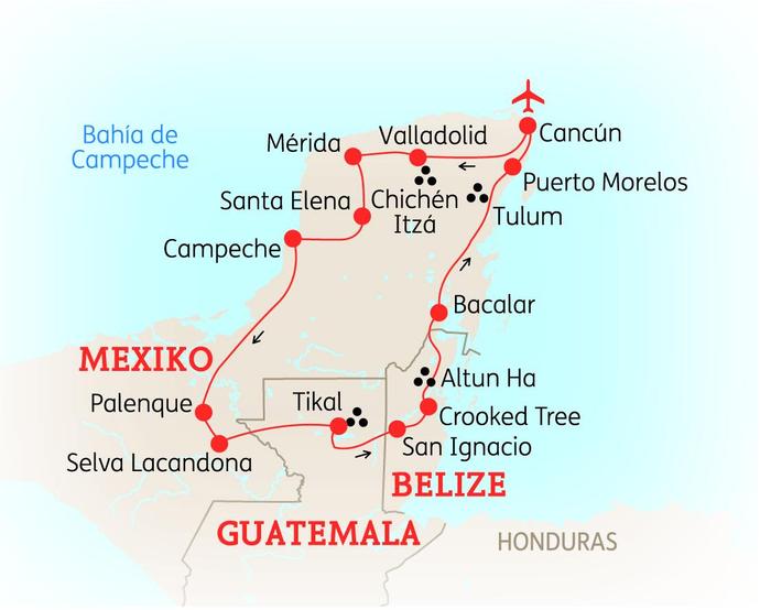 Reiseroute der 16-tägigen Mexiko, Guatemala & Belize Reise