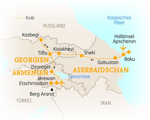 Reiseroute der 18 Tage Armenien, Georgien, Aserbaidschan Reise