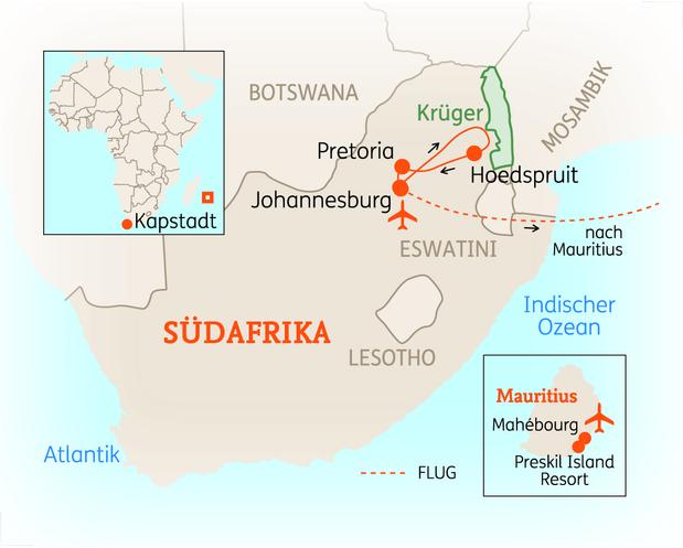 Reiseroute der 12 Tage Südafrika & Mauritius Reise