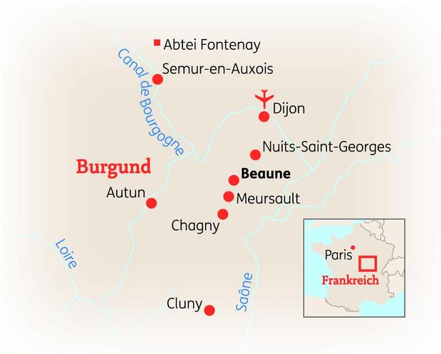 Reiseroute der 8-tägigen Burgund Reise