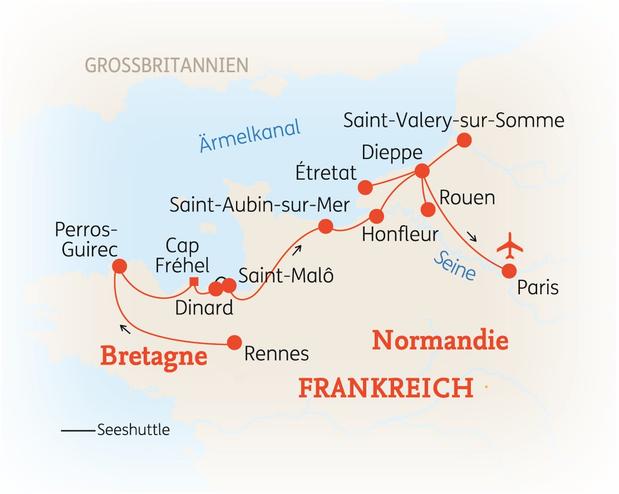 Reiseroute der 12-tägigen Bretagne & Normandie Reise