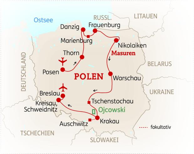 Reiseroute der 12 Tage Polen Reise