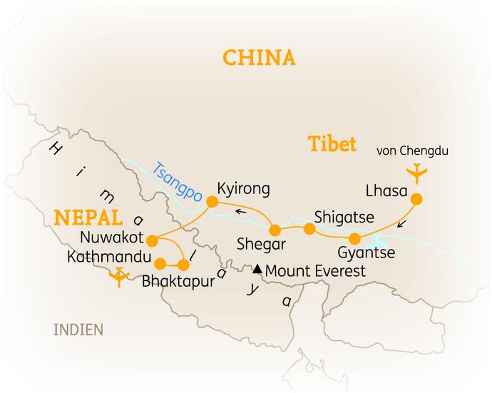 Reiseroute der 18 Tage Nepal & Tibet Reise