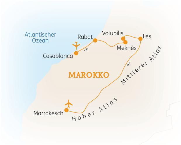Reiseroute der 8 Tage Marokko Reise