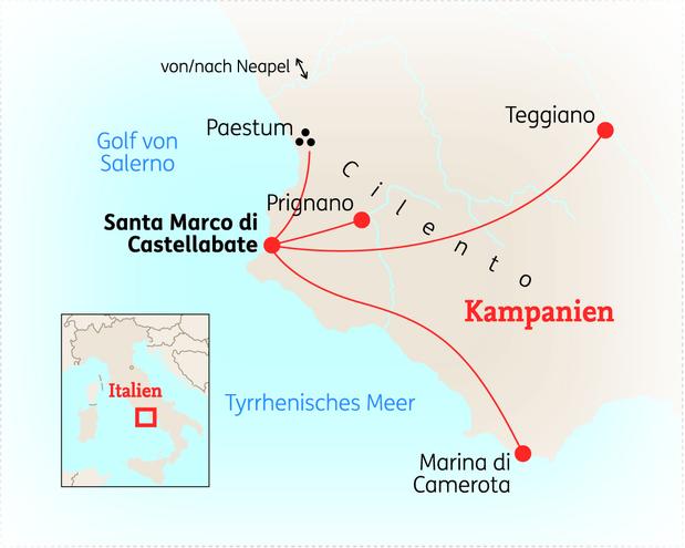 Reiseroute der 8 Tage Cilento Reise