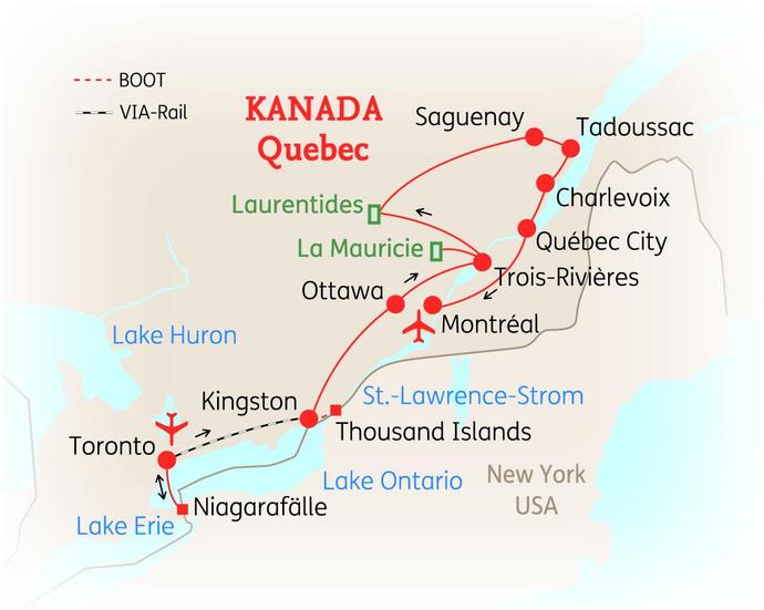 Reiseroute der 16-tägigen Kanadareise 