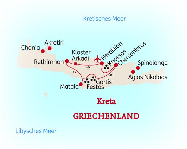 Reiseroute der 8 Tage Kreta Reise