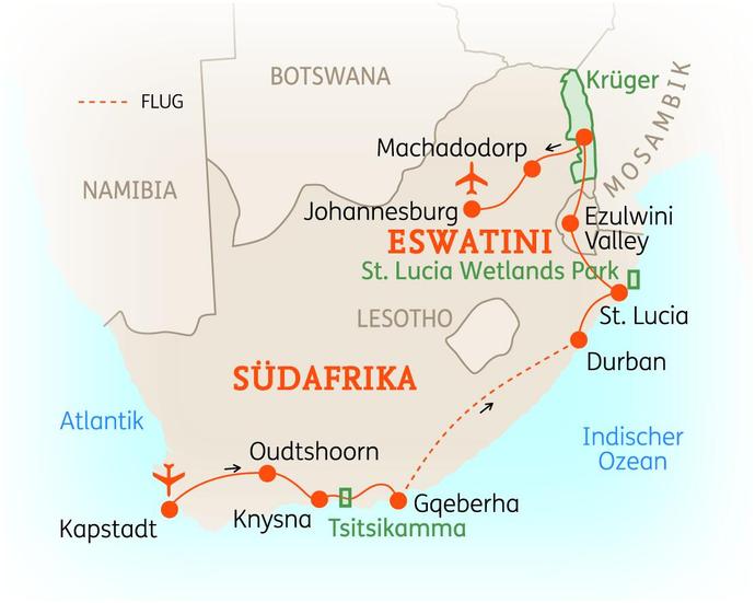 Reiseroute der 15-tägigen Südafrika Rundreise