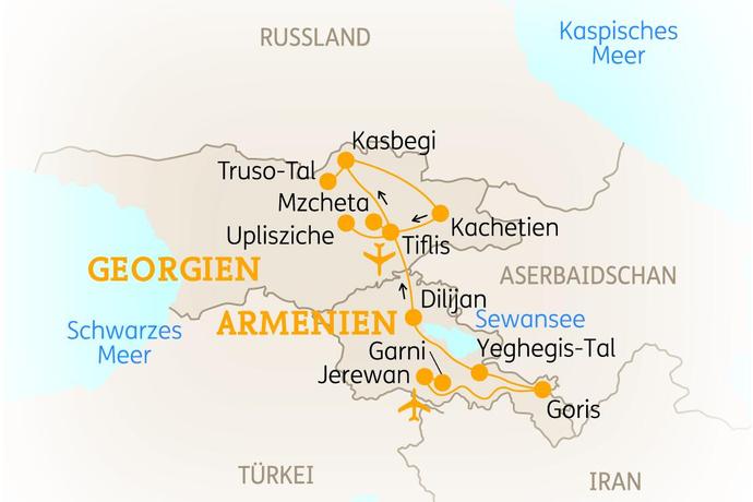 Reiseroute der 15-tägigen Armenien & Georgien Rundreise 