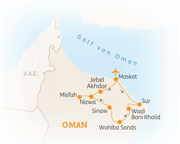 Reiseroute der 8 bis 9 Tage Oman Reise