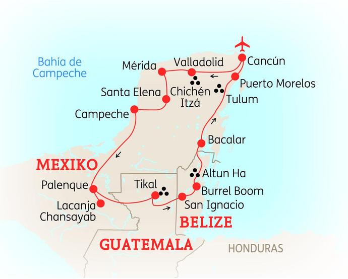 Reiseroute der 16-tägigen Mexiko, Guatemala & Belize Reise
