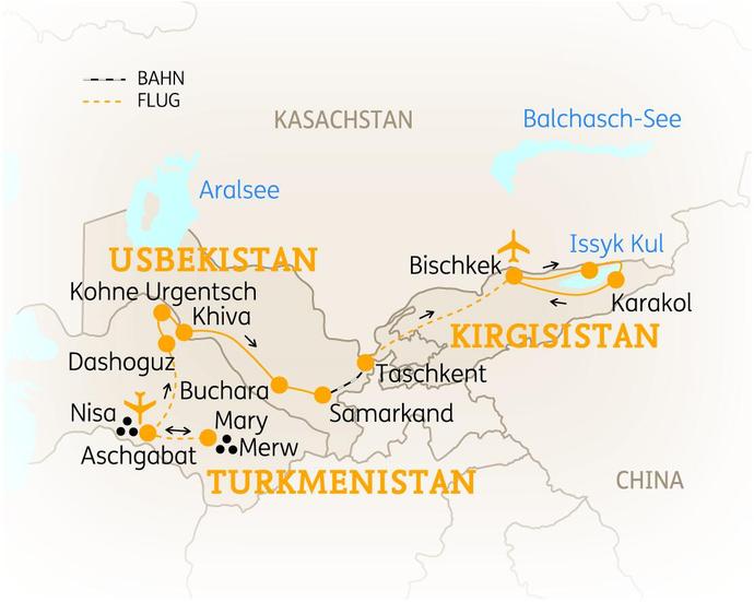 Reiseroute der 17 Tage Usbekistan, Turkmenistan & Kirgisistan Reise