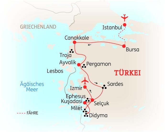 Reiseroute der 8-tägigen Türkeireise 