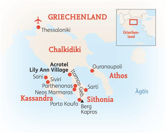 Reiseroute der 8 Tage Chalkidiki Reise