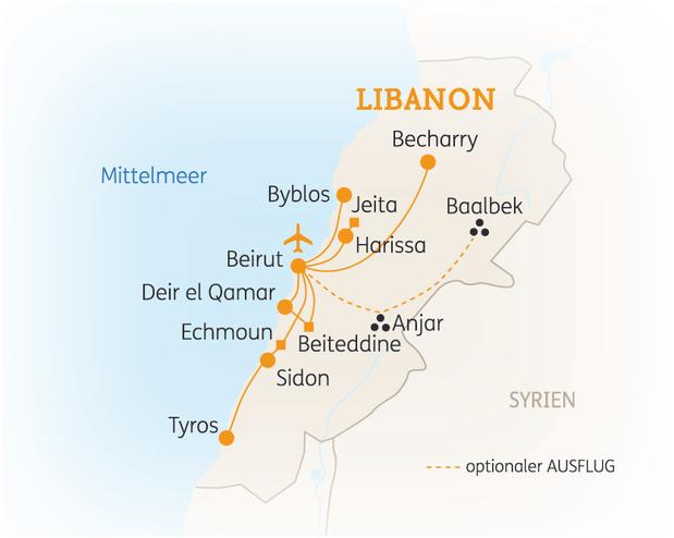 Reiseroute der 8 Tage Libanon Reise