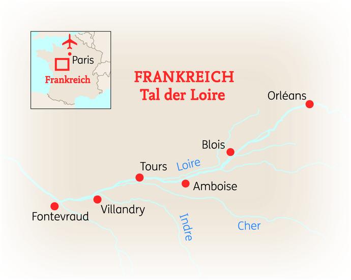 Reiseroute der 8 Tage Loiretal Reise