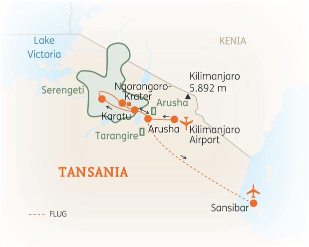 Reiseroute der 15 Tage Tansania & Sansibar Reise