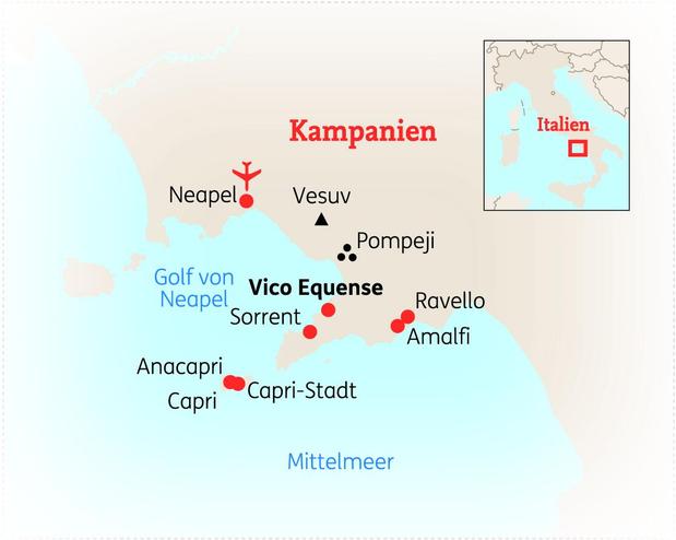Reiseroute der 8 Tage Golf von Neapel Reise