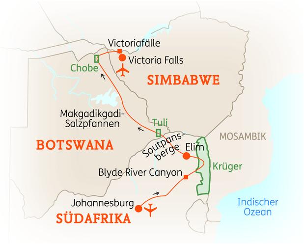 Reiseroute der 16 Tage Südafrika & Botswana Reise