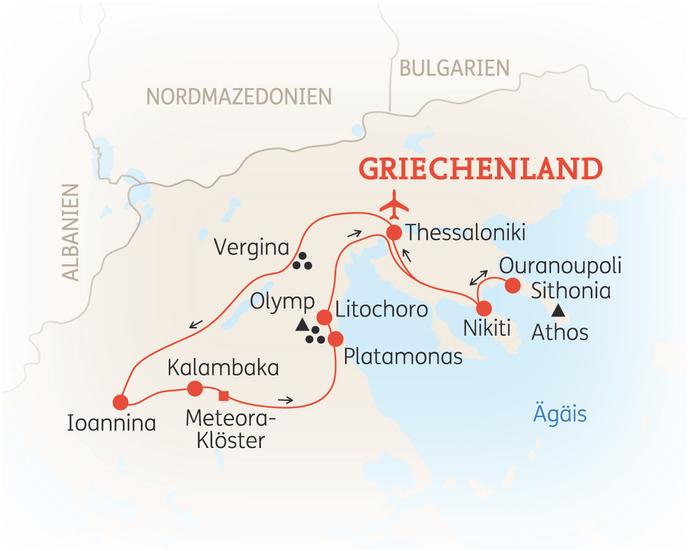 Reiseroute der 9-tägigen Griechenland Reise