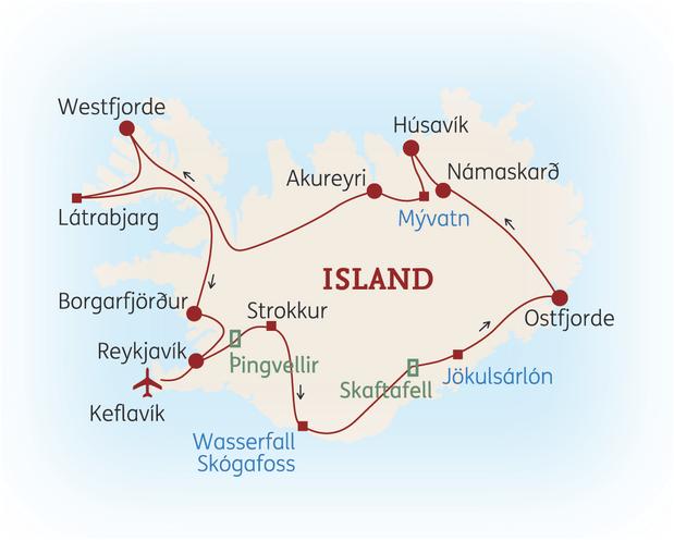 Reiseroute der 15 Tage Island Reise