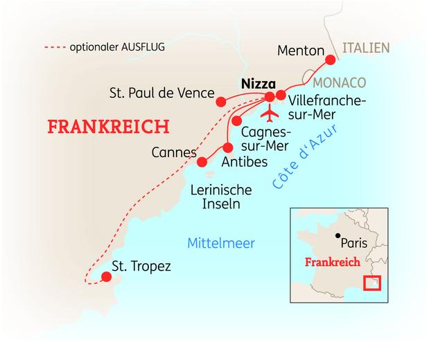 Reiseroute der 8 Tage Côte d´Azur Reise