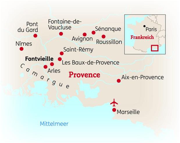 Reiseroute der 8 Tage Provence Reise