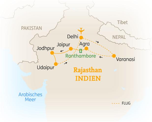Reiseroute der 16 Tage Indien Reise