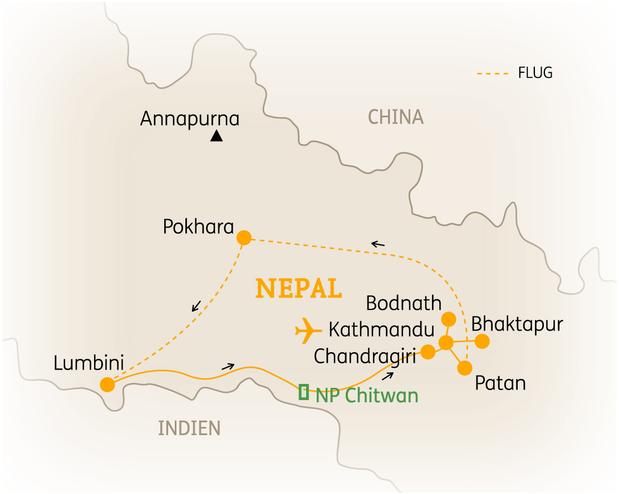 Reiseroute der 14 Tage Nepal Reise