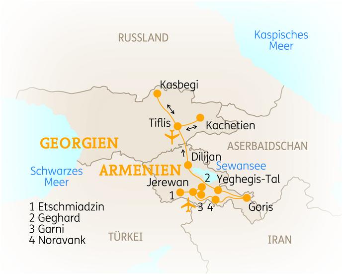 Reiseroute der 15 Tage Armenien & Georgien Reise